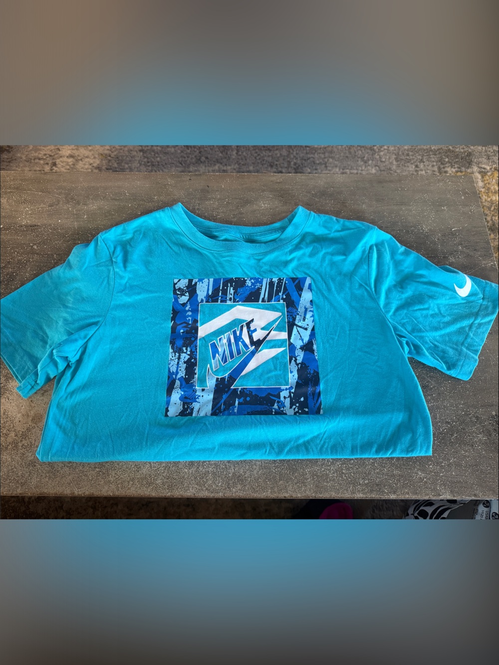 Nike Kids Bright Teal Graphic Tee with Navy Logo Panel